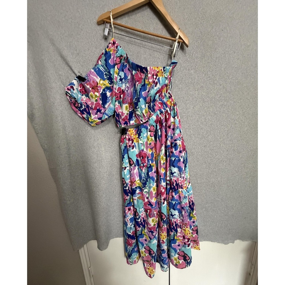 THML Boho Dress Womens M Floral One Shoulder Ruffle Maxi Belted Sundresscheck - Picture 2 of 9